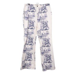 Finesse Toile Pants XL Womens Blue White Asian Tea House Tiger High Waist Flare
